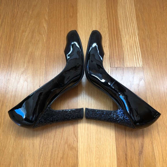 $348~TORY BURCH~Black Patent Leather COLIN Glitter Heel Round Toe Pumps~7/7.5 - Picture 12 of 15